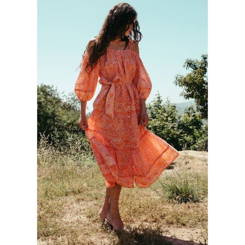 Cleobella Violet Midi Dress Orange Floral Paisley Size XS